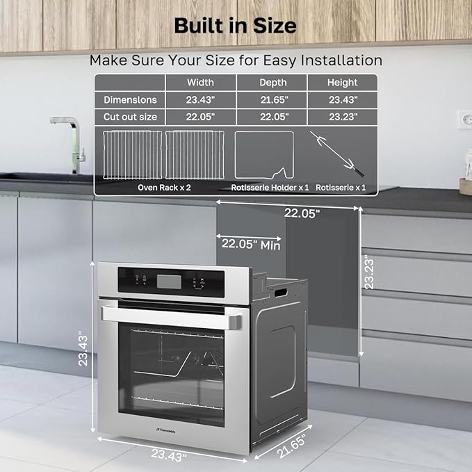 ThermoMate 24 Inch Electric Wall Oven, ETL Certified, 2.6 Cu.Ft. Convection Ovens with 12 Functions, 3D Heating, 3100W, Sensor Touch Control, Safety Lock, Stainless Steel