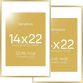 Homeforia 14x22 Picture Frame Gold, High End Metal 14x22 Poster Frames with Mat 12x16 Photo, 14 x 22 Gold Frames Matted to 12 by 16 Print, 22x14 Thin Hanging Frames, Tempered Glass, Wall Kit, Set of 2