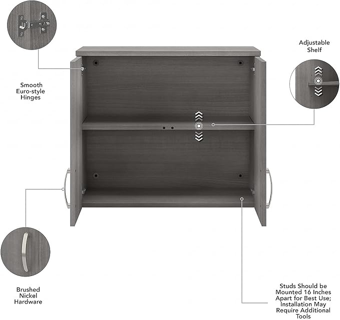 Bush Business Furniture Universal Wall Cabinet with Doors and Shelves in Platinum Gray, Versatile Home Organizer, Office Storage Unit and Adjustable Shelving