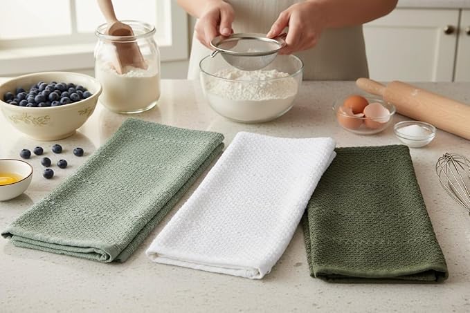 Sage White Dark Green Kitchen Dish Towels, 100% Cotton - Image 2