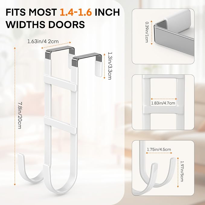 FYY Over the Door Hooks, Double-Hanger 2 Pack, Fits Doors 1.6" White | Heavy - Image 2