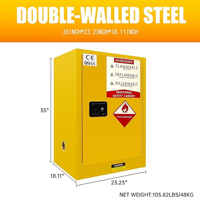 Flammable Safety Cabinet 23" x 18" x 36" Yellow, Cold-Rolled Steel 40 Gallon Explosion Proof Cabinet, Manual Close & Adjustable Shelf for Commercial Facilities, Lab & Industrial Warehouses