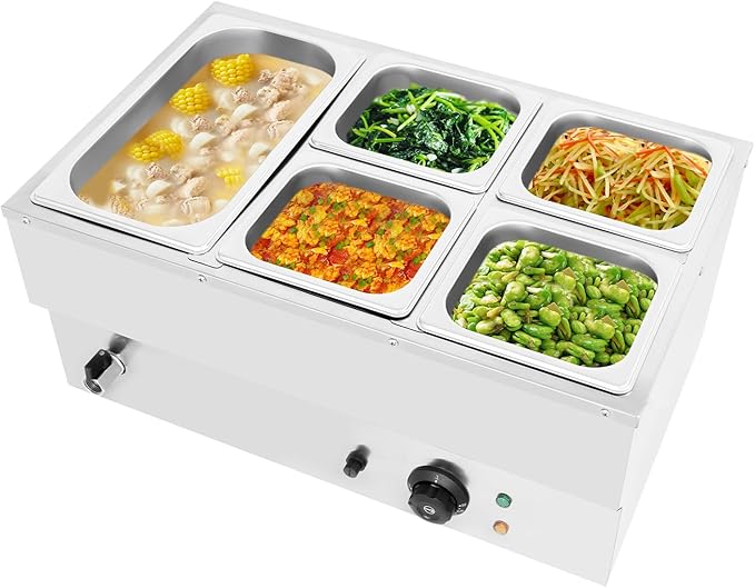 DYNAMI 110V 1500W Commercial Buffet Food Warmer,Large Capacity 5 Pan(1.7Gal+0.8Gal*4) Stainless Steel Electric Countertop Steam Table with Intelligent Thermostat Design,for Parties Buffet Catering