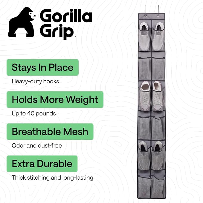 GORILLA GRIP Over the Door Shoe Organizer, 12 Large Pockets, Space Saving - Image 2
