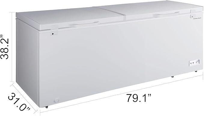 Hamilton Beach 25 Cu. Ft. Garage Ready Chest Freezer, White Deep Freezer, Adjustable Thermostat, Easy Defrost Drain, Double Door Lid, for Storage, Hunting, Large Family - 29"D x 79"W x 38"H