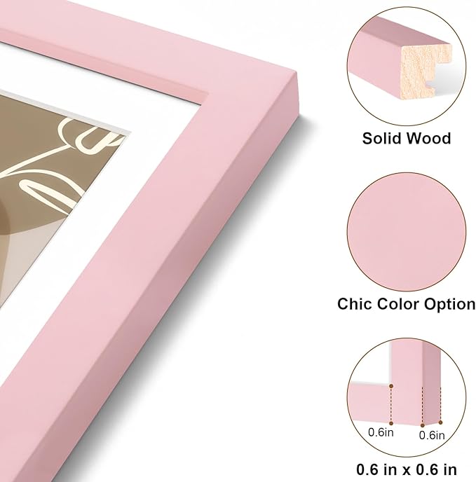 Vittanly 5x7 Picture Frame, Solid Wood Frame with Plexiglass, Includes 4x6 Mat, Wall Hanging or Tabletop for Home Decor, Pale Pink, 1 Pack