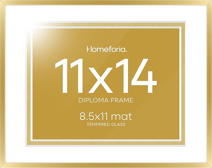 Homeforia 11x14 Diploma Frame Gold, High End Metal 11 x 14 Certificate Frames with Mat 8.5 x 11 inch, 14x11 Document Frame Matted to 8.5x11, Gold Award Degree Frame, Tempered Glass, Wall Kit, Set of 1
