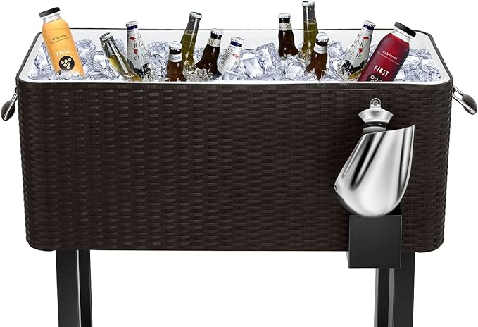 EDOSTORY 80 Quart Rolling Ice Chest Cooler Cart,Patio Backyard Party Drink Beverage Bar Stand Up Cooler Trolley with Ice Scoop