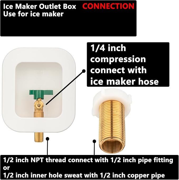 (1 Pack) Lidertik 1/2 NPT inch Thread or Sweat Pre-Assembled Ice Maker Outlet Box Valve 1/4 inch Recessed Refrigerator Water Line Wall Box with Shut Off Valve LI-ZBQH-510-LK
