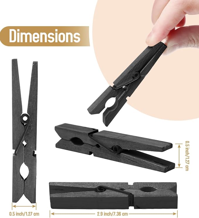100 Pack Black Wooden Clothes Pins 2.9 Inch, Heavy-Duty Wood Clothespins | - Image 2