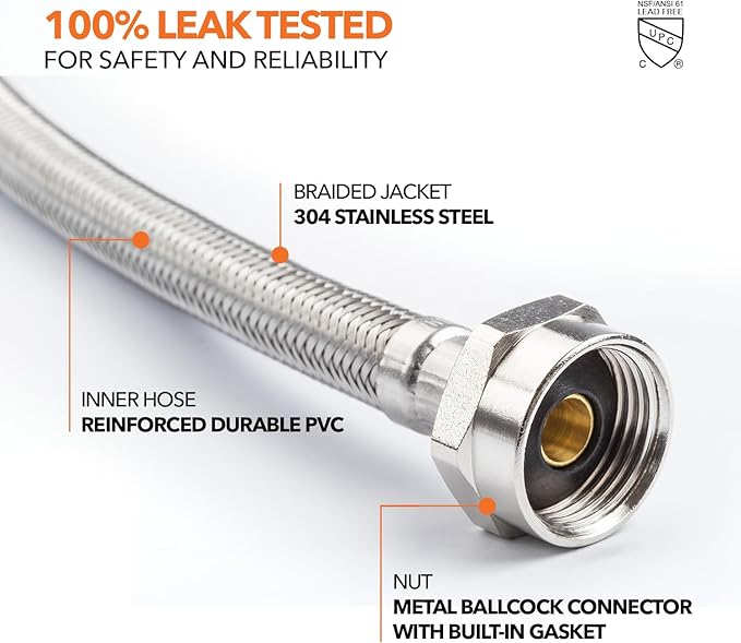 Stainless Steel Braided Water Connectors with Reinforced PVC Inner Hose for Toilets, 3/8" Compression x 7/8" Metal Ballcock, 20" Length (5Pack)
