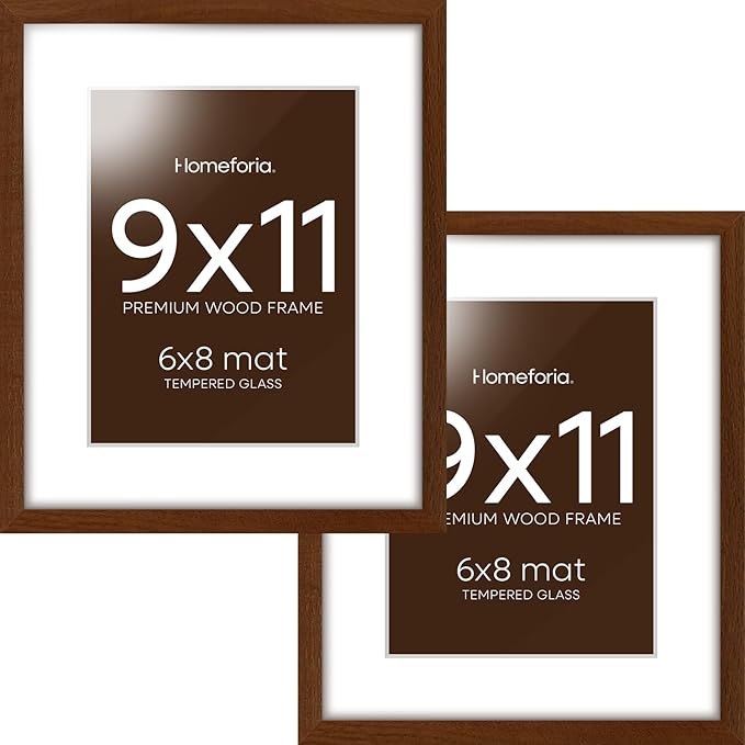 Homeforia 9x11 Picture Frame Brown, High End Dark Oak 9 x 11 Walnut Wooden Frames with Mat 6 by 8 Photo, 11x9 Wood Frame Matted to 6x8 Print, Wall or Tabletop Frame, Tempered Glass, Wall Kit, Set of 2