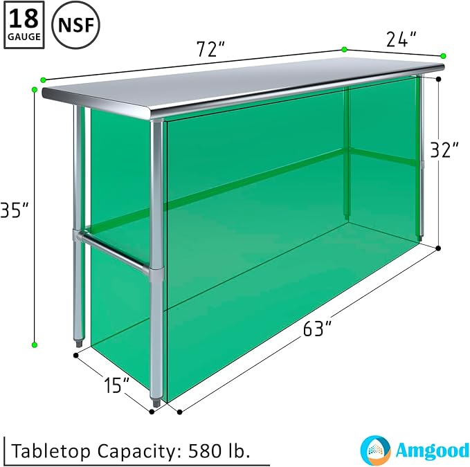 AmGood Stainless Steel Work Table Open Base | NSF Kitchen Island Food Prep | Laundry Garage Utility Bench (72" Long X 24" Deep)
