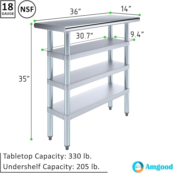 14 in. x 36 in. Stainless Steel Work Table with Three Bottom Shelves | NSF Kitchen Prep Table | Utitly Metal Table