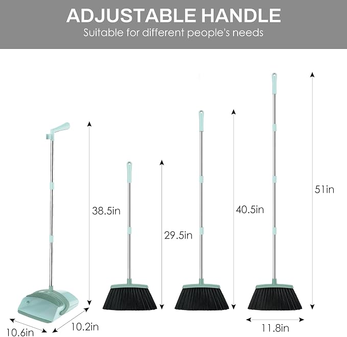 Broom and Dustpan Set for Home, 51-in Long Adjustable Handle Angle Broom and - Image 2