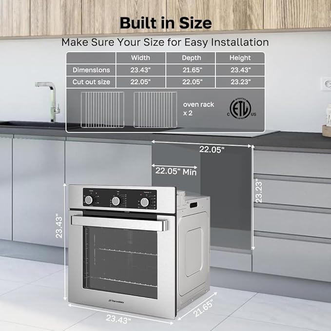24" Electric Wall Oven, ETL Certified, ThermoMate 2.8 Cu.ft. Electric Wall Oven with 5 Cooking Functions, Built-in Ovens with Anti-Mistouch Knob, Stainless Steel