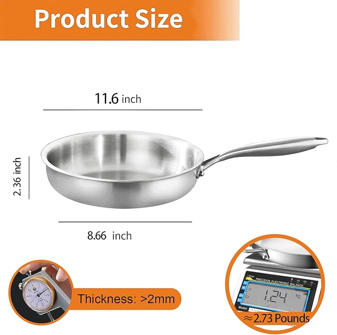 DELARLO Stainless Steel Frying Pan 11.6 inch, All Stove Safe Up to 600℉, Fast Even Heat, Tri-Ply Stainless Steel Cookware, Full Clad and Heavy Duty,18/10 Cooking Surface