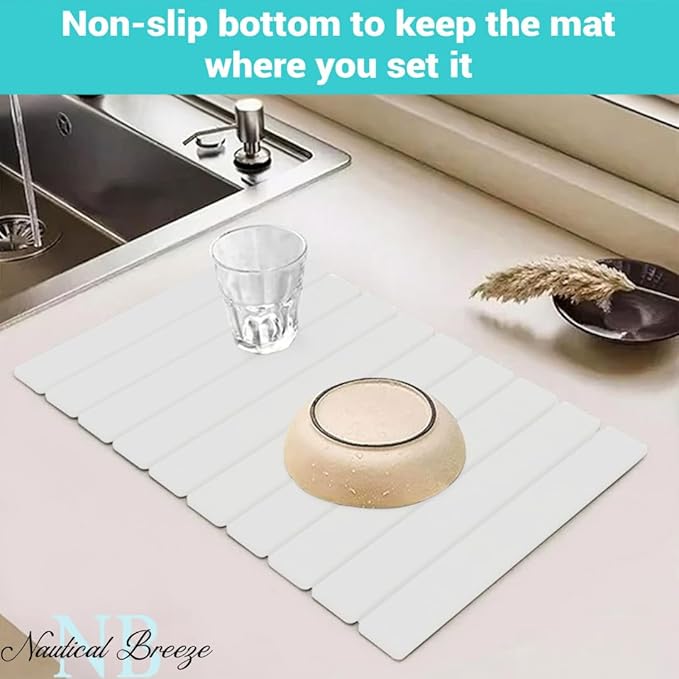 Roll-Up Stone Mat - Premium Diatomaceous Earth Dish Drying Rack, Water Absorbent Roll-Out Dish Drying Mat for Kitchen Countertops, Eco-Friendly, Quick-Dry Surface White