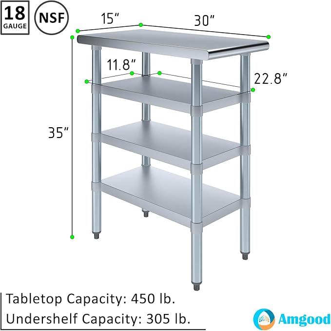 30 in. x 15 in. Stainless Steel Work Table with Three Bottom Shelves | NSF Kitchen Prep Table | Utitly Metal Table