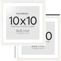 Homeforia 10x10 White Picture Frame, High-End Oak 10 x 10 Square Wooden Frames with Mat 8 by 8 Photo, 10by10 Wood Frame Matted to 8x8 Print, Wall or Tabletop Frames, Tempered Glass, Wall Kit, Set of 2
