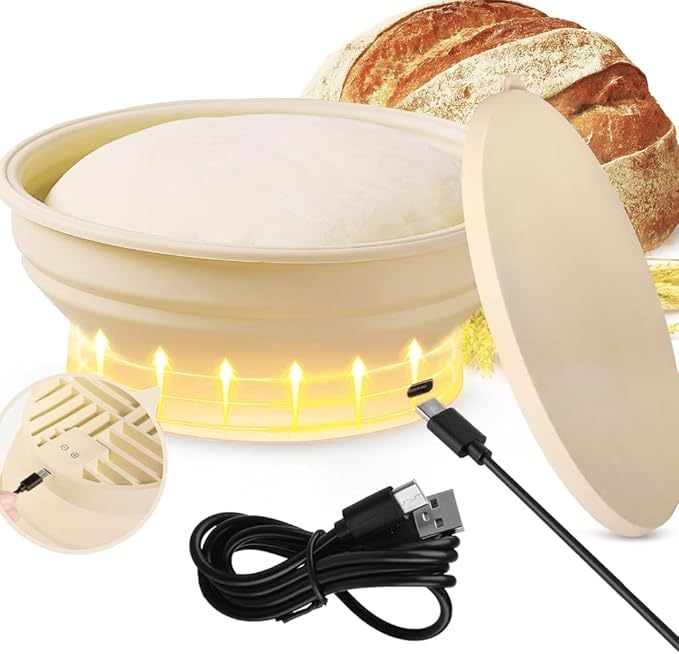 Electric Sourdough Proofing Basket, 9.45 Inch Foldable Silicone Dough Proofer with Adjustable Warming for Bannetons Bread Baking - Food Grade, Fast Rising Even in Cold Kitchen