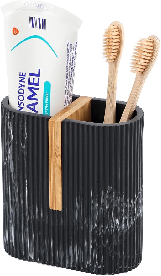 Toothbrush Holders for Bathroom, Bamboo Toothbrush Stand, Marble Black | by rejomiik