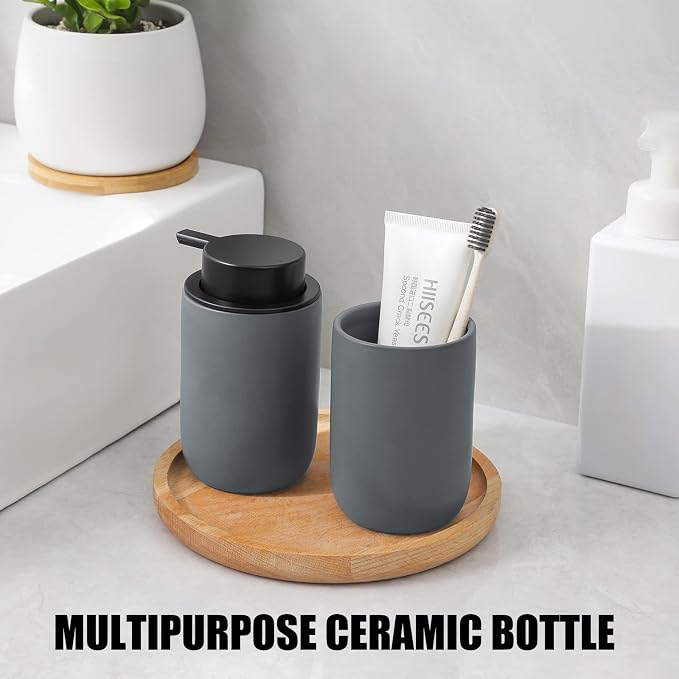 Ceramic Pump Bottle Refillable Lotion Soap Dispenser 12oz Grey 2 Pack | Matte - Image 3