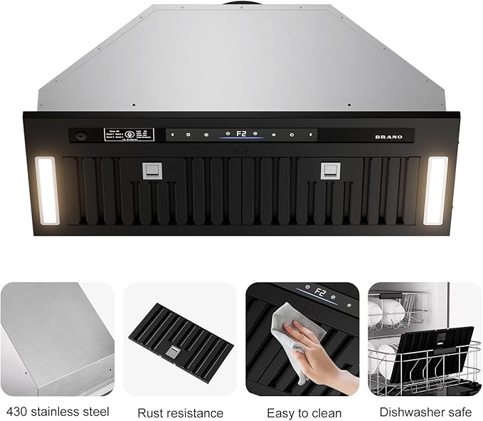 BRANO Range Hood Insert 30 Inch, 900 CFM Voice/Gesture/Touch Control Build-in Kitchen Hood Vent with 4 Speed Exhaust Fan, Memory Mode, Adjustable Lights, Ducted/Ductless Convertible