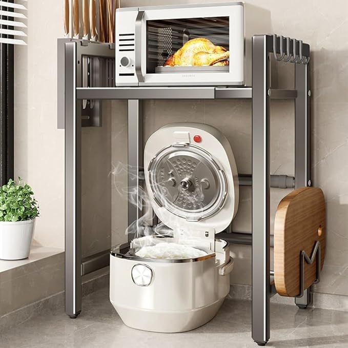 2-Tier Extendable Microwave Oven Rack with 8 Hooks, Adjustable Microwave/Toaster Shelf, Microwave Stand with Storage, Retractable Kitchen Countertop, for Kitchen Shelves Counter Top Organizer