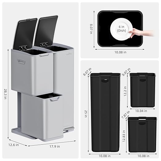 mVm 16 Gal Kitchen Trash Can, 3 Compartment Trash Can, Heavy Duty Anti Fingerprint Recycling Bin for Farmhouse Decor(Cement)