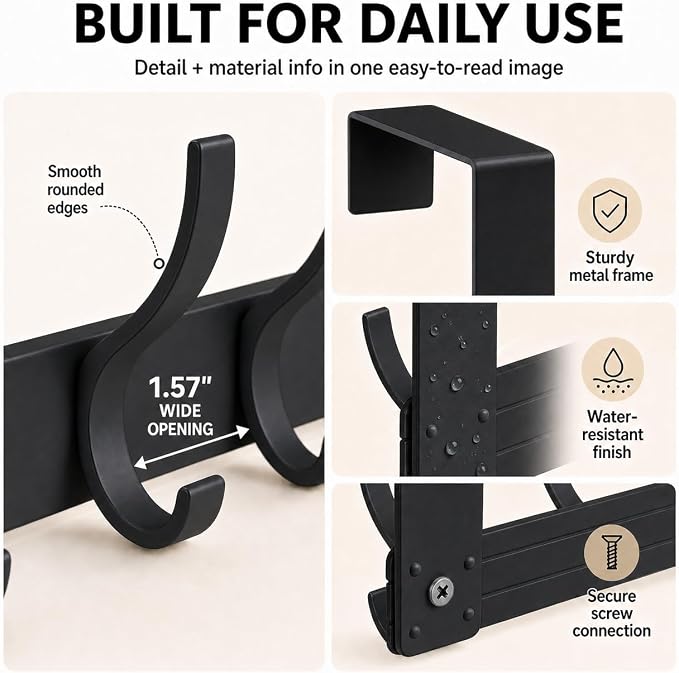 Peasulin Over The Door Hooks, 2 Pack Black 11" Long Door Hanger Racks | 6 - Image 6