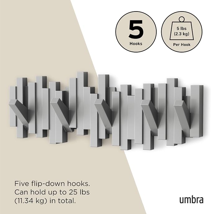 Umbra Sticks Wall Mount Coat Rack, 5 Hook Retractable Pegs, sculptural modern - Image 5
