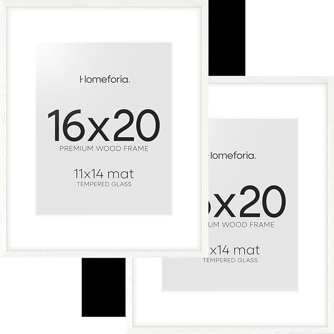 Homeforia 16x20 White Picture Frame, High End Oak 16x20 White Wood Frame with Mat 11x14 Photo, 16 x 20 Wooden Poster Frames Matted to 11 by 14, 20x16 Hanging Frames, Tempered Glass, Wall Kit, Set of 2