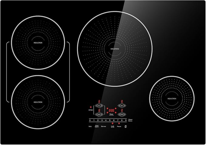 30 Inch Induction Cooktop 4 Burners, Flat Glass Top Electric Stove Hob with Bridge-SYNC, 3 Preset Modes Booster, Timer, Pause, Child Lock, Drop in, 208~240V/40A, Black