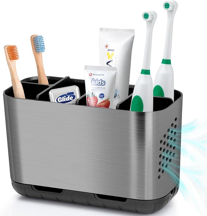 Boperzi Toothbrush and Toothpaste Holder Brushed Nickel Drainage by Boperzi