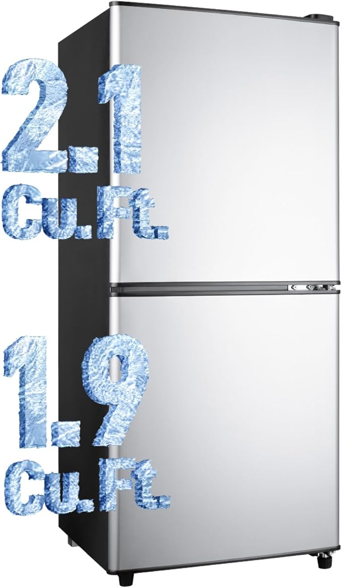 Fridge with Bottom Freezer and Drawer, 4.0 Cu.Ft Double Door Refrigerator with 7 Adjustable Temperature Settings for Bedroom, Dorm, Office, Apartment, Adjustable Shelves, Large Capacity, Silver