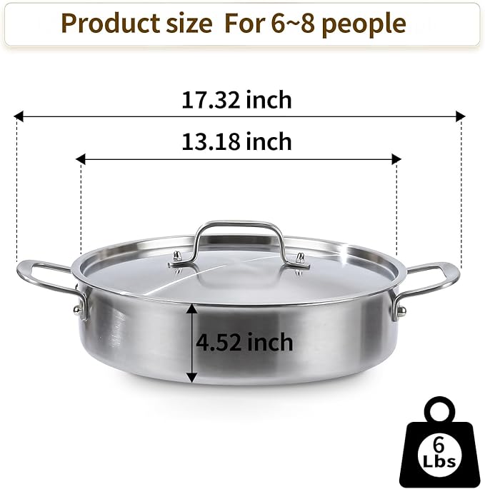 DELARLO Tri-Ply Stainless Steel 8 Quart Braiser Pan with Lid Induction Rondeau Pot With Lid 13inch Deep Frying Pan Large Saute Pan Heavy Duty Style Compatible With All Cooktops Up to 650℉