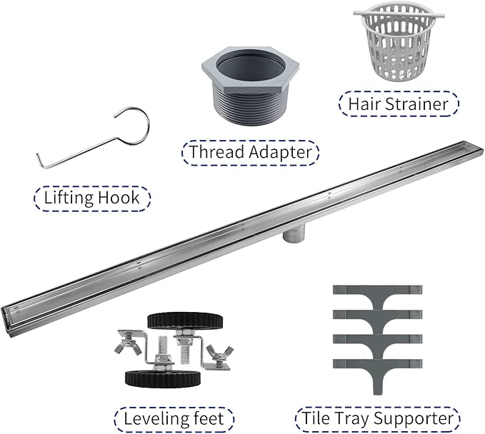 Linear Shower Drain 48", Brushed Floor Drain with Tiled Insert Grate & Hair Strainer, 304 Stainless Steel Bathroom 2-in-1 Tiled in Drain, CUPC Certified (Brushed, 48'')