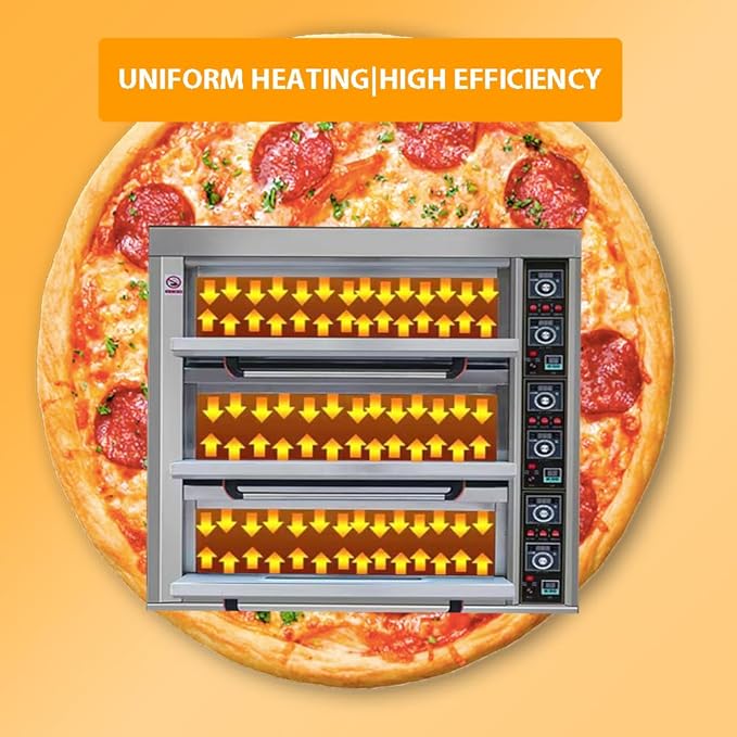 Gas Heating Pizza Oven Commercial Electric Pizza Oven Three Layers Movable Large Triple Oven Stainless Steel Baking Oven 0℃-400℃ Multipurpose Pizza Oven with 6 Baking Dishes 110V 300W
