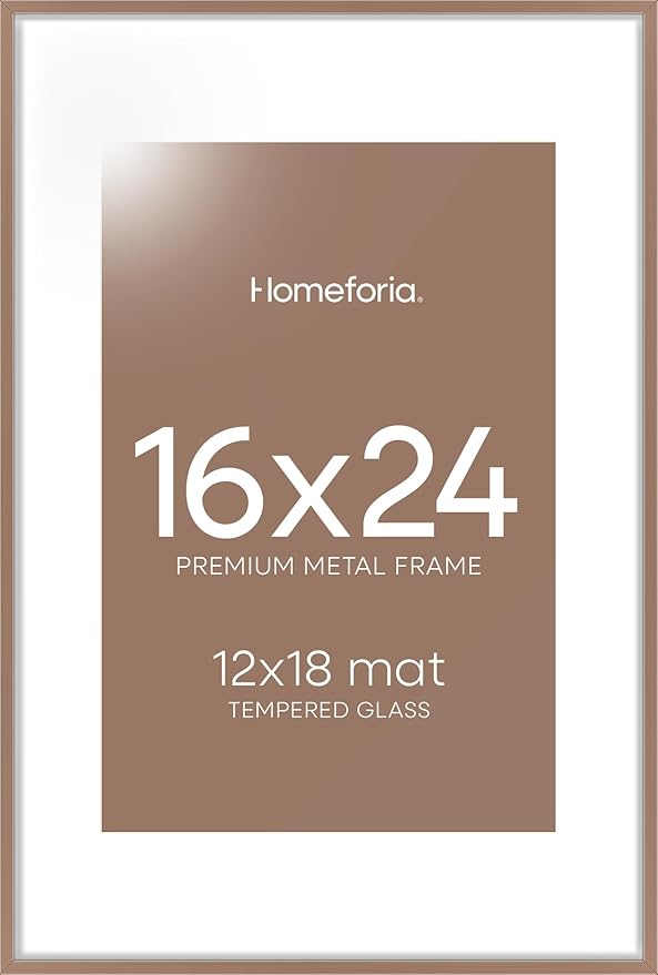 Homeforia 16 x 24 Picture Frame Mocha, High End Metal 24x16 Poster Frame, 16 x 24 Mocha Frames Matted to 12 by 18 inch Print, 24by16 Thin Frame with Mat 12x18 Photo, Tempered Glass, Wall Kit, Set of 1