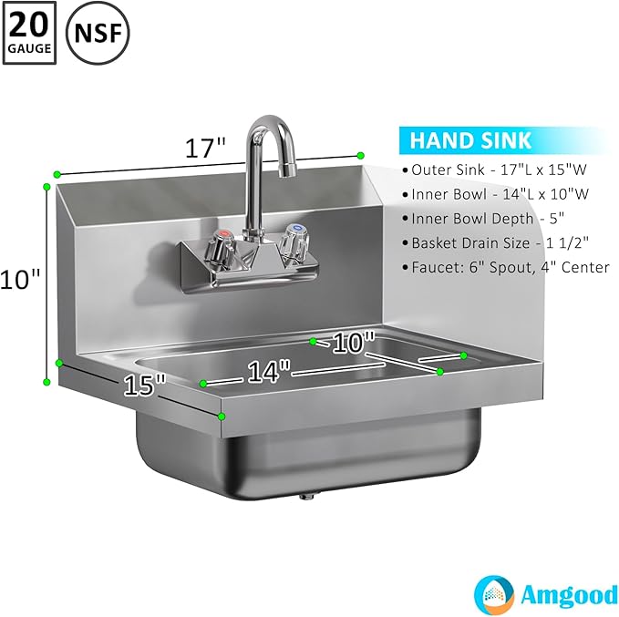 AmGood Stainless Steel Wall Mount Hand Sink with Faucet and Right Sidesplash 17" x 15" | NSF Commercial Hand Washing Basin For Restaurant, Kitchen and Home | Bowl Size: 10" x 14"
