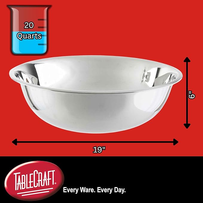 TableCraft 830 Stainless Steel Mixing Bowl, 20 Qt, Lightweight and Durable, Professional Grade for Baking and Prep, Ideal for Kitchens or Bakeries, 19" x 19" x 5.875", Silver