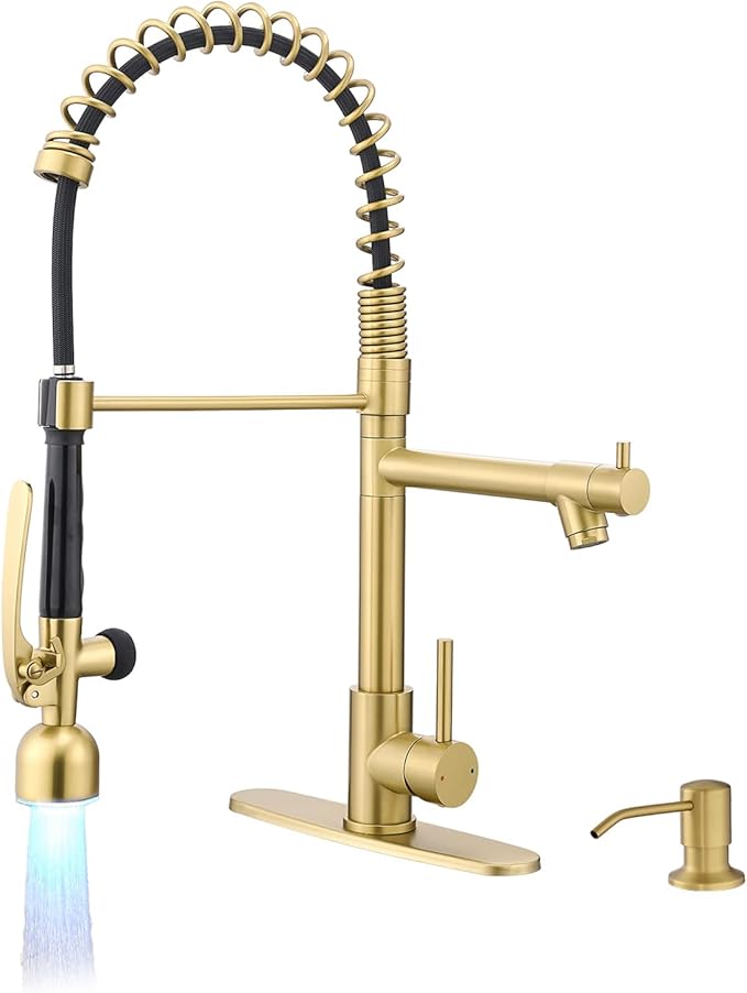 Fapully Commercial Kitchen Faucets with Pull Down Sprayer Brushed Gold LED Single Handle Faucet for Kitchen Sink, Kitchen Faucet with Soap Dispenser and Deck Plack for 4 Hole