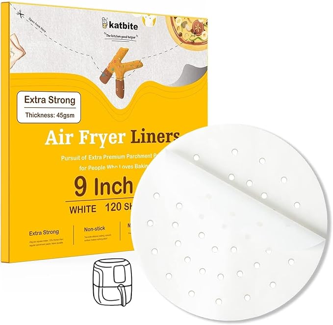 Katbite 9 Inch Air Fryer Liners, 120 Non-Stick Perforated Parchment Papers for Air Fryer, Bamboo Steamer Liners