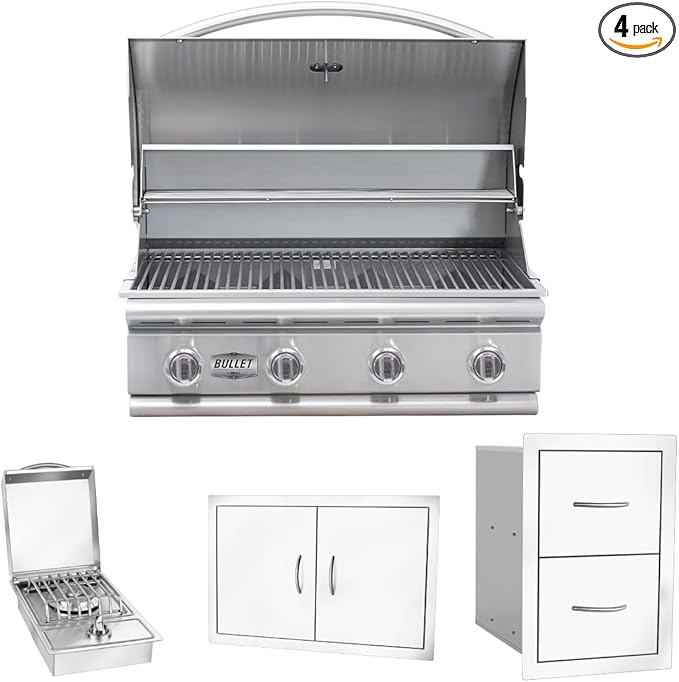 Bullet by Bull Stainless Steel Outdoor Kitchen Grill Set - Built-In Liquid Propane Grill -BBQ Kitchen Island Bundle - Includes 4 Burner Grill, Side Burner, Double Access Door & Double Storage Drawer
