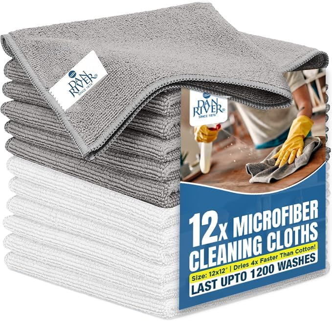 DAN RIVER 12-Pack Microfiber Towels – Ultra Absorbent, Lint-Free & Streak-Free by DanRiver