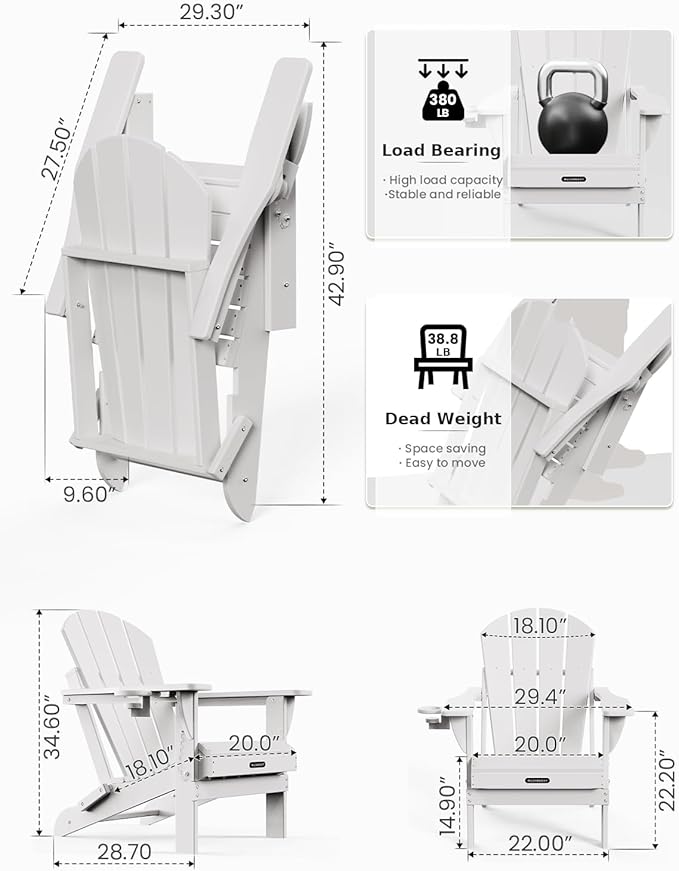 MUCHENGHY Folding Adirondack Chairs, Patio Chairs, Lawn Chairs, Outdoor Chairs, Adirondack Chair Plastic, Fire Pit Chairs, Weather Resistant with Cup Holder for Deck, Backyard, Garden(White)