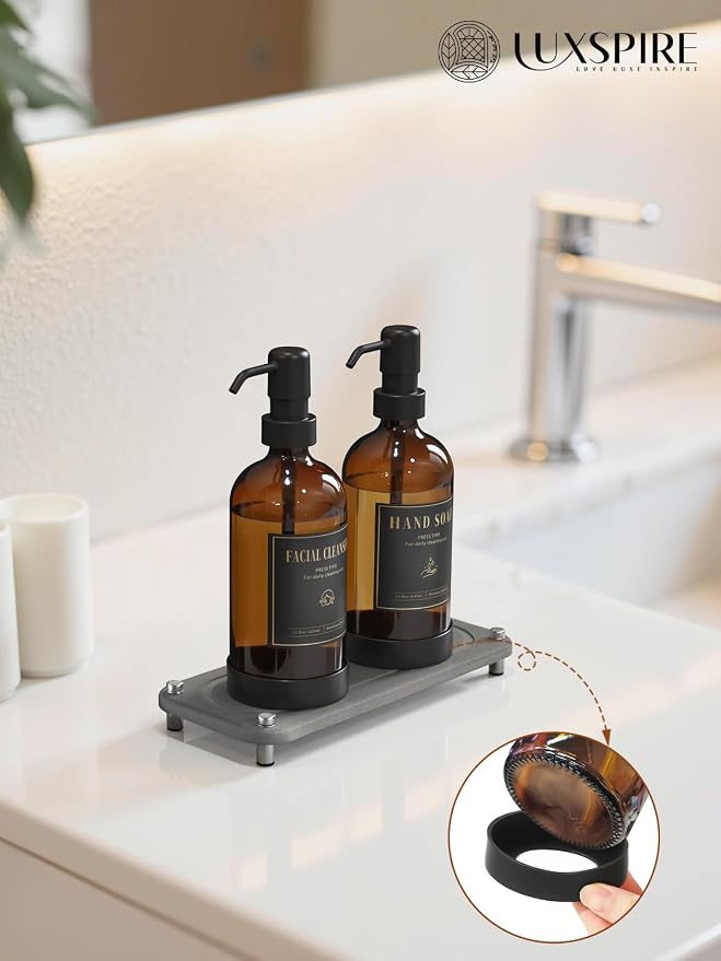 Luxspire 17 oz Glass Liquid Soap Dispenser Set, Amber + Dark Gray, 2 Pack | - Image 5