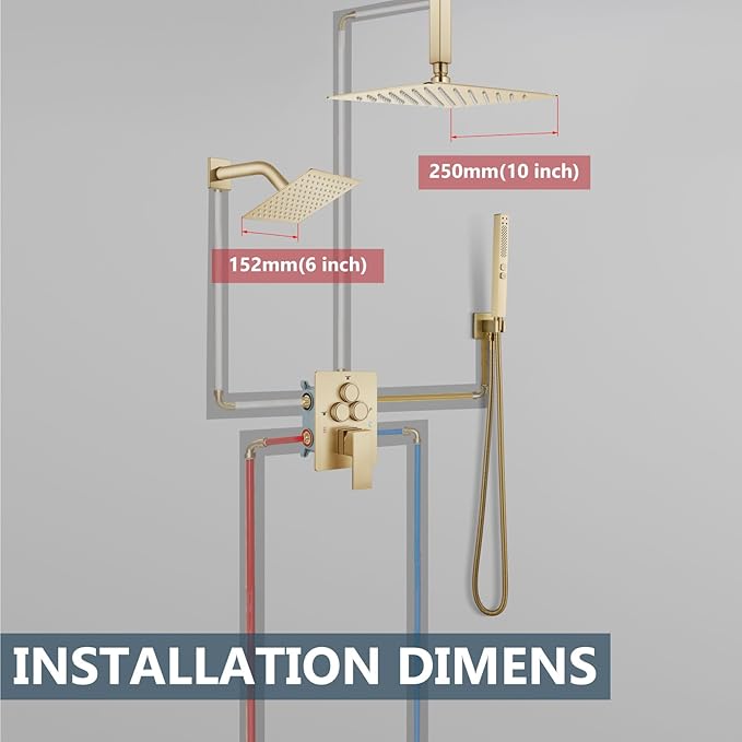 Aolemi Shower Faucet Set Ceiling Mount Shower System Rough-in Valve and Shower Trim Kit 2 in 1 Handheld Spray Push Button Diverter 10 and 6 Inch Dual Shower Head Brushed Gold