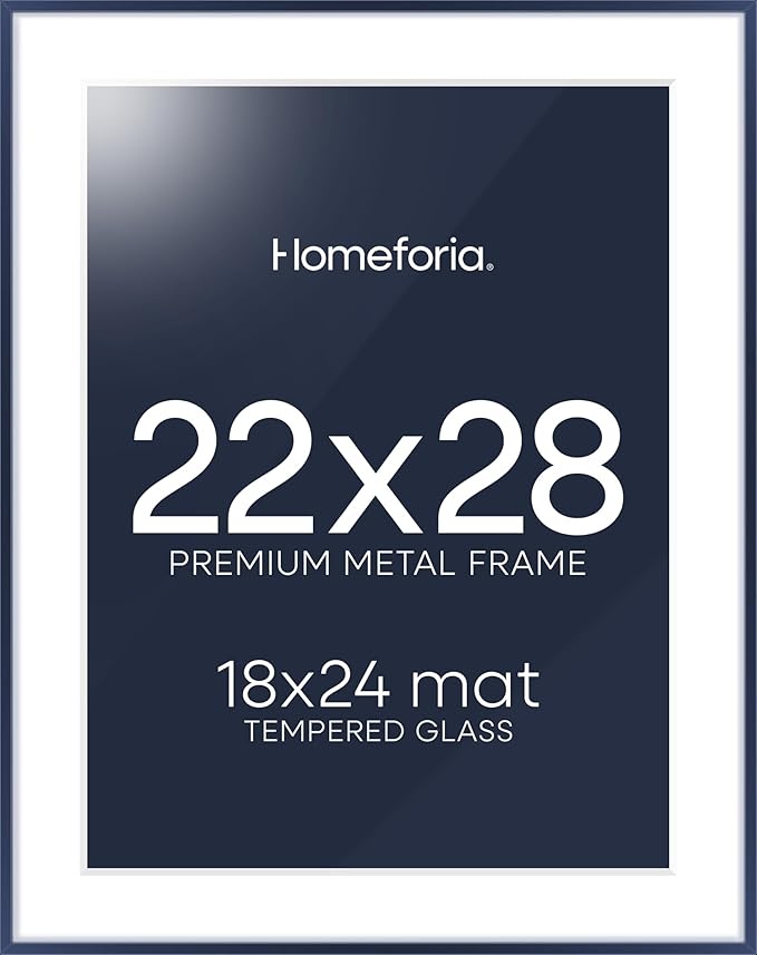 Homeforia 22x28 Navy Blue Picture Frame, High End Metal 22x28 Poster Frames with Mat 18x24 inch Photo, 22 x 28 Thin Frame Matted to 18 x 24 Print, 28x22 Large Frame, Tempered Glass, Wall Kit, Set of 1